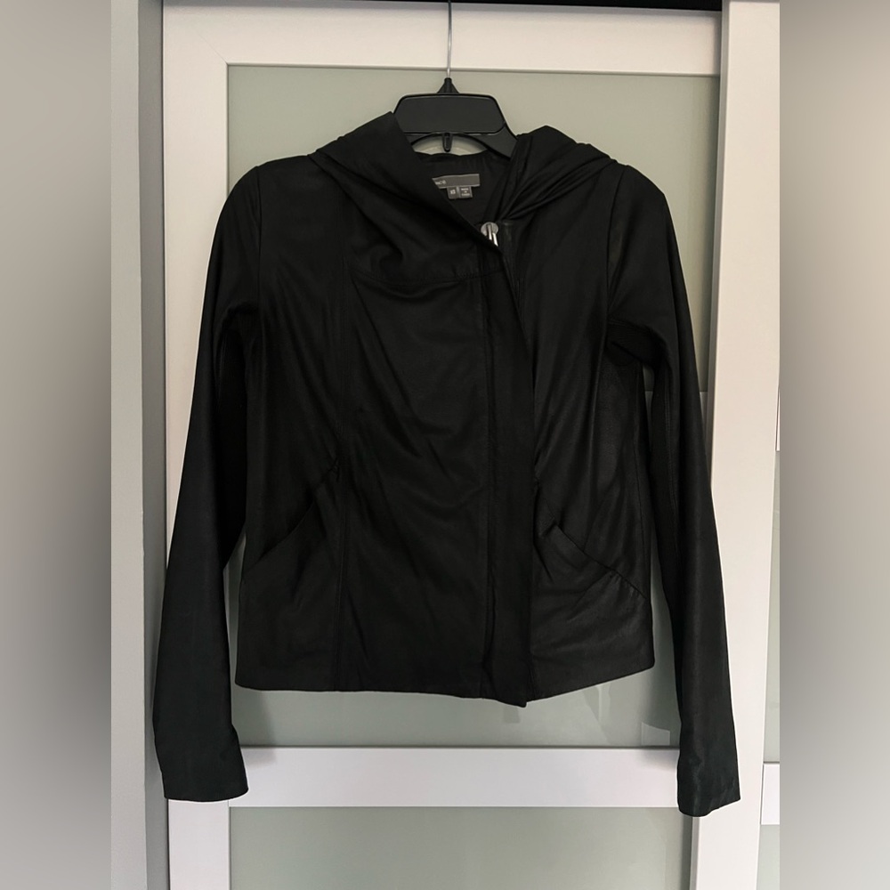Vince hooded black leather jacket size XS